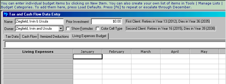 Living Expenses Budget Tab