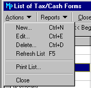 The Tax and Cash Flow Form Actions Menu