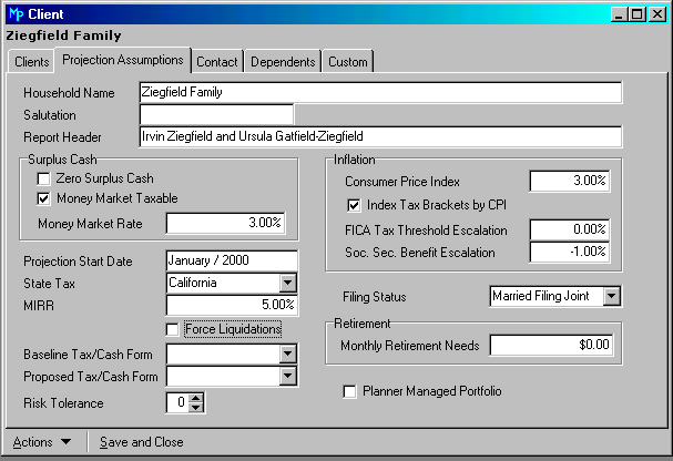 Projection Assumptions Tab